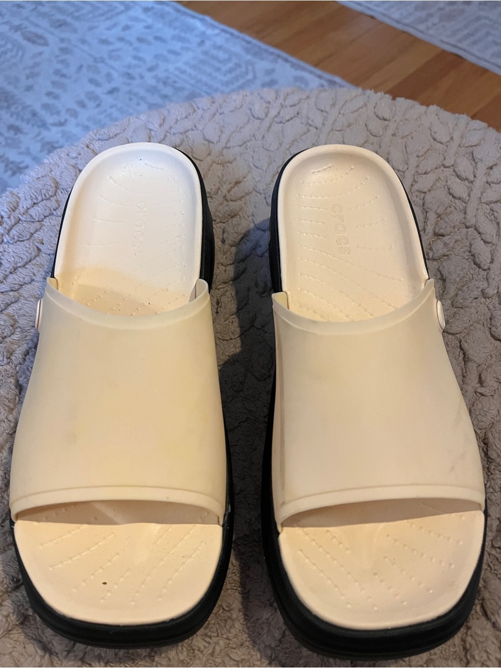 CROCS Cream Upper Black Sole Slide Sandals